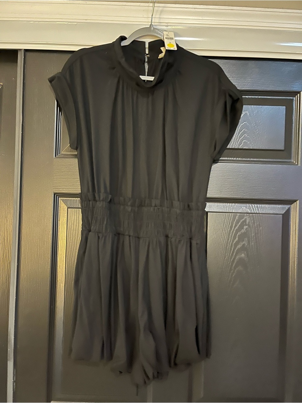 Anthropologie Black Short Sleeve Romper with Cinched Waist and Bubble Shorts